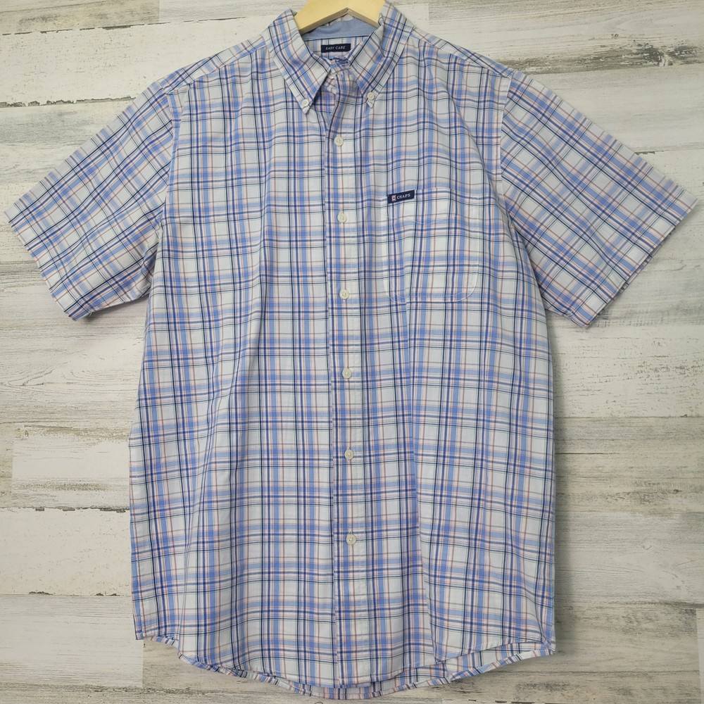 Chaps Men’s Medium Blue White Orange Plaid Short Sleeve Button Shirt