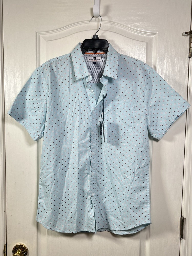 Michael Brandon Casual Button Down Short Sleeve Shirt Light Blue Size Large