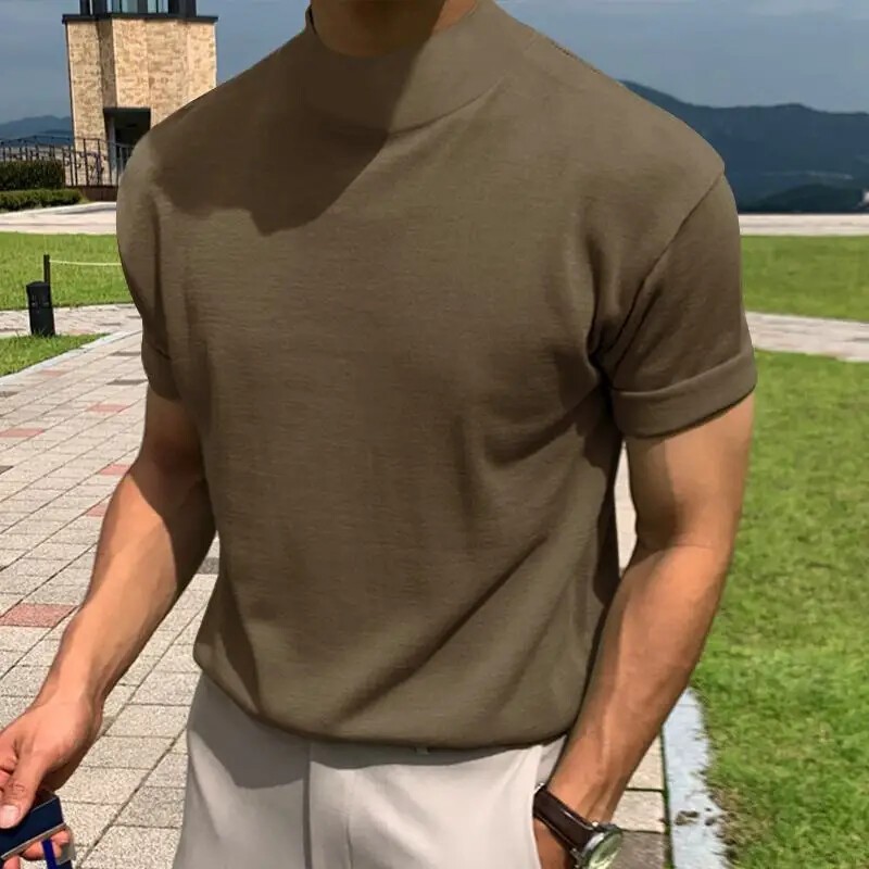 Men’s Mock Turtleneck Short Sleeve Solid Color T-Shirts Basic Slim Fit Tees