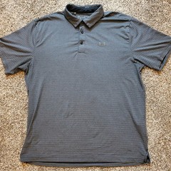 Under Armour Heatgear Men’s XL Loose Fit Gray Heather Striped Polo Shirt Logo
