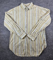 J.Crew Mens Medium Striped Button Front Shirt 100% Cotton Green Blue Brown Casua