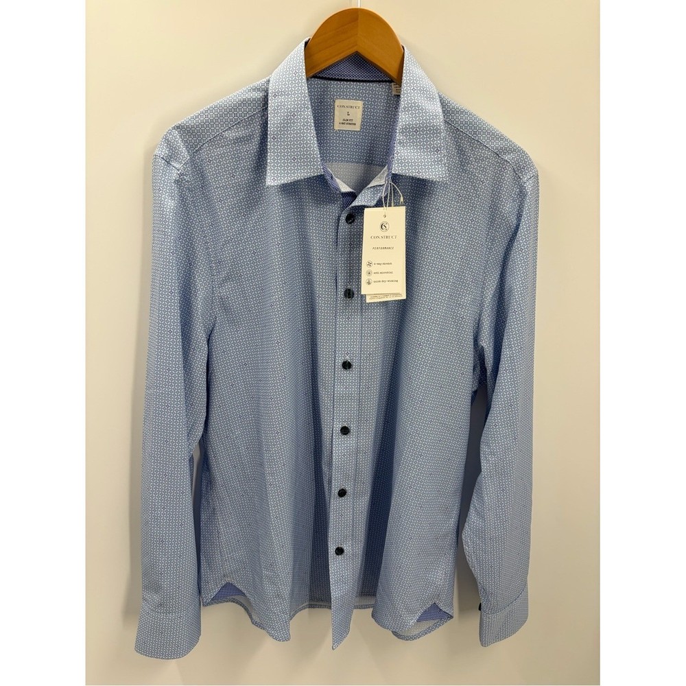 CON.STRUCT Men’s Slim Fit Performance Dress Shirt Blue Geometric Size L Silvadur
