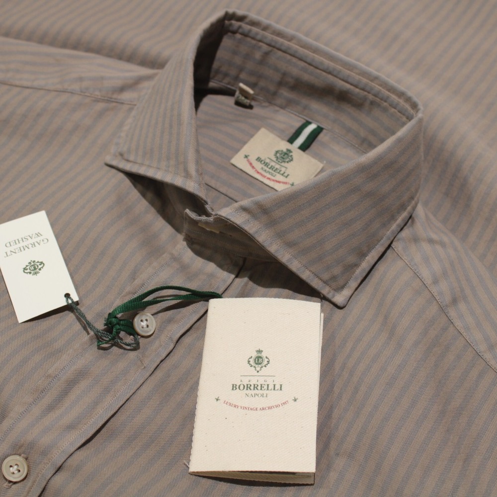 Luigi Borrelli NWT Casual Button Down Shirt Size 15.5 39 In Light Brown & Gray