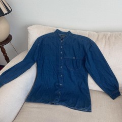 Lee Riveted Denim Shirt Button Up Medium 90s Cotton Collarless Long Sleeve