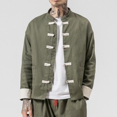 Chinese Tang Suit Men Kungfu Shirt Wing Chun Loose Jacket Pocket Frog Button New