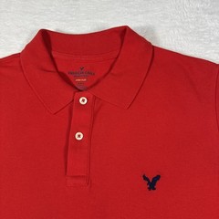 American Eagle Medium Red Polo Core Flex Classic Fit Navy Eagle Logo