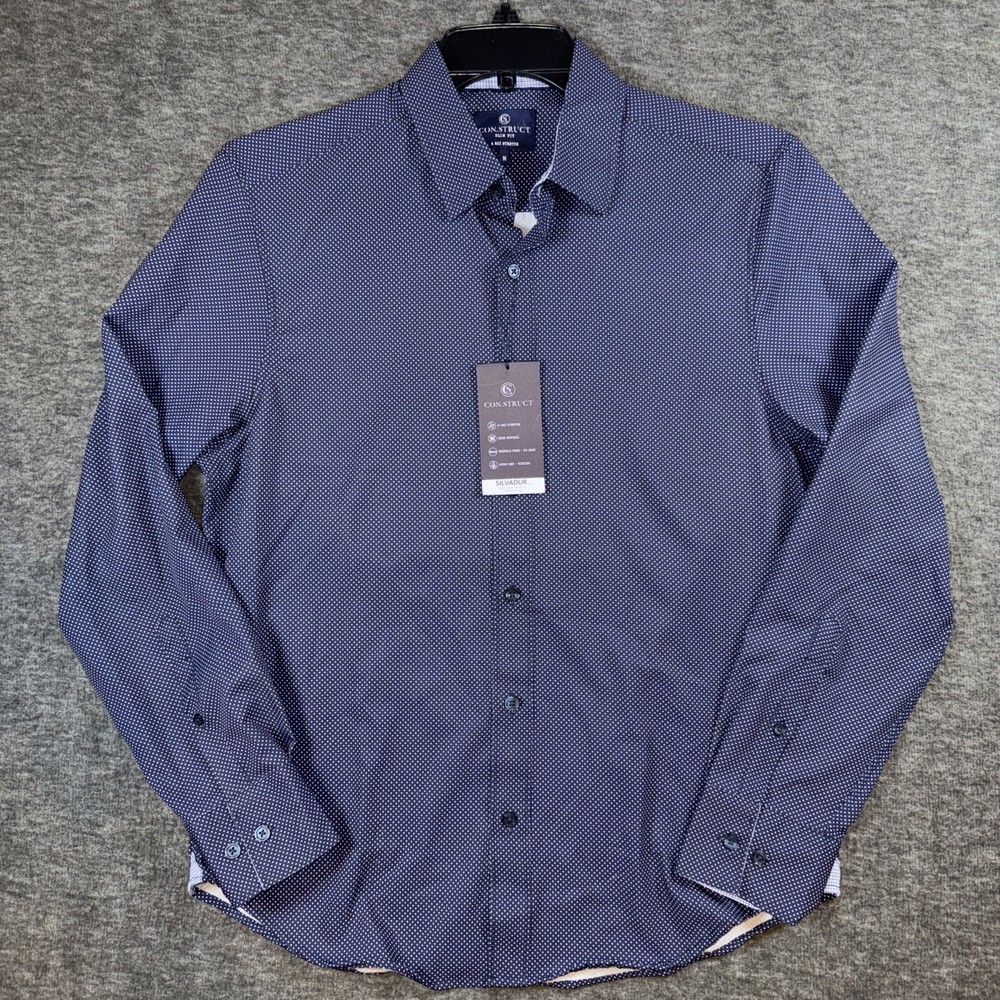 Con.struct Men Performance 4 Way Stretch Button Up Shirt Blue Polka Dot Sz M NEW