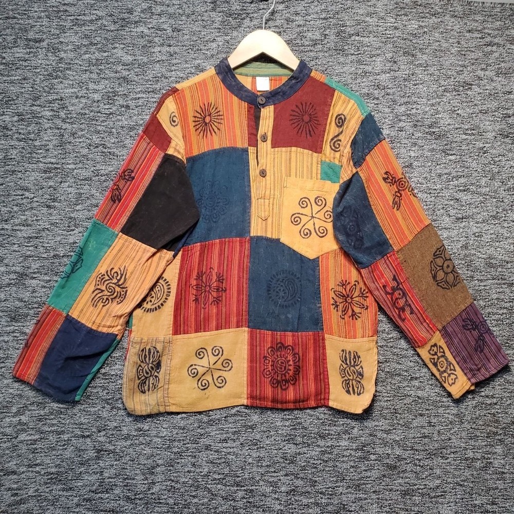 Handmade Nepalese Patchwork Block Print Tunic Shirt Mens Large Blue Orange Boho