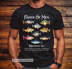 Fisher of Men Matthew 4:19 Christian Fishing T-Shirt Faith Bible Verse Jesus Tee