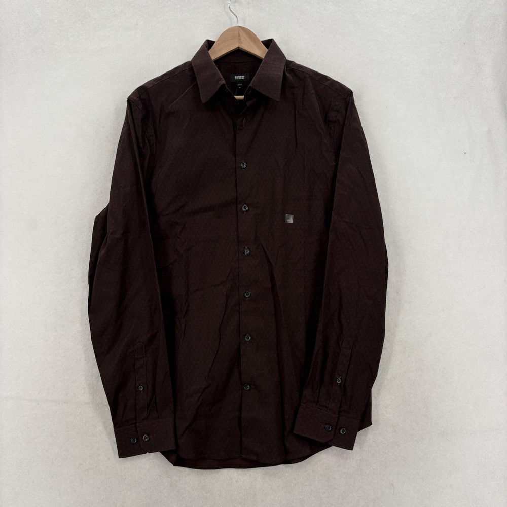 Express 1MX Shirt Mens Medium Brown Extra Slim Geo Print Stretch Long Sleeve NWT
