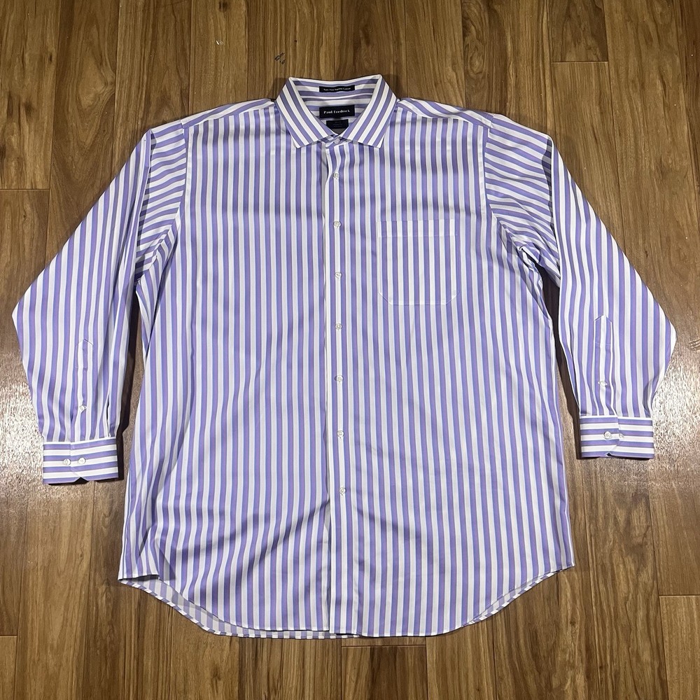 Paul Fredrick Dress Shirt Mens 18 x 35 Purple Stripe Classic Long Sleeve Cotton