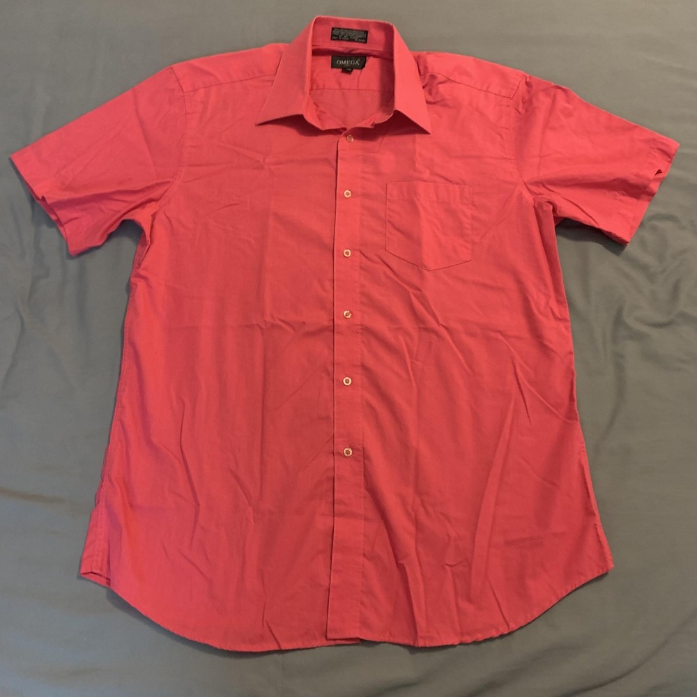 Omega Shirt Mens Large Red Short Sleeve Button Up Dress Casual Pocket 16-16.5