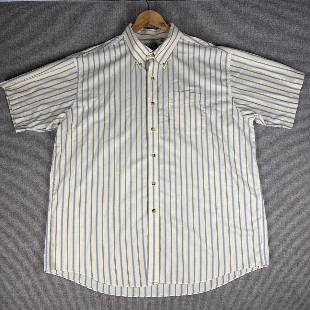 LL Bean Size XL Flowy Cotton Button Down Polo Blue Green And Pale Yellow Striped