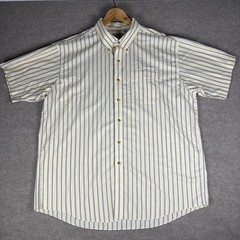 LL Bean Size XL Flowy Cotton Button Down Polo Blue Green And Pale Yellow Striped