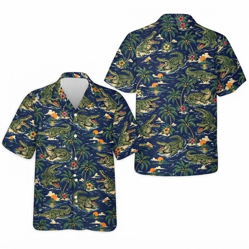 Crocodile Tropical Alligator Button Reptile Beach Vacation Hawaiian Shirt