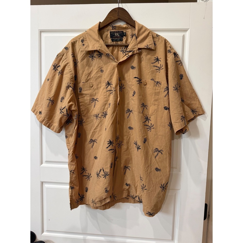 Double RRL Ralph Lauren Tan Palm Tree Print Camp Shirt XL Damaged Holes