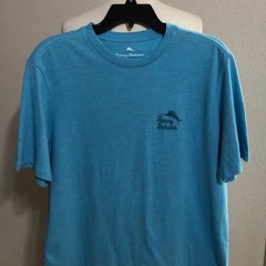 NWT TOMMY BAHAMA “S” MENS TURQUOISE HAZE HEATHER YOU SAY TOMATO ” TEE $ 49.50