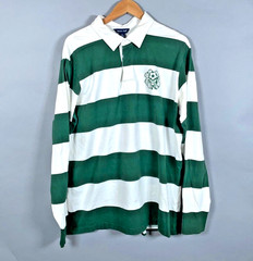 Sport Tek Rugby Shirt Men’s XL White Green Striped Skull Four Leaf Clover Print