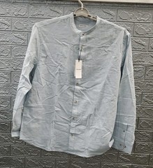 Jack & Jones Stand Collar Linen Button Up Long Sleeve Shirt Blue Size XXL