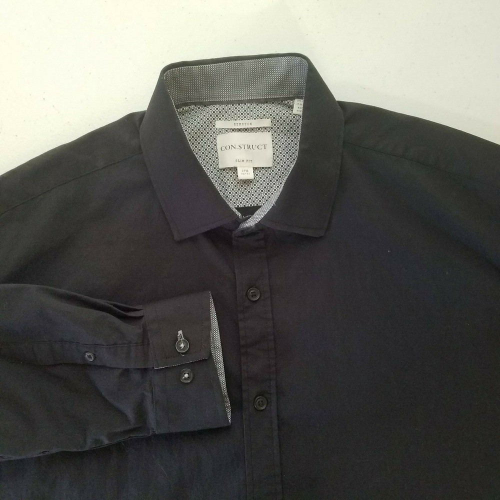 Construct Con.Struct Mens Black Slim Fit Button Front Dress Shirt Sz 17.5 34-35