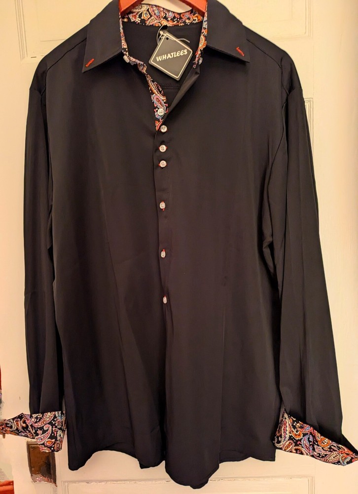 Whatlees Button-Front Shirt Black/ Paisley Trim Flip-Cuff Mens LARGE New
