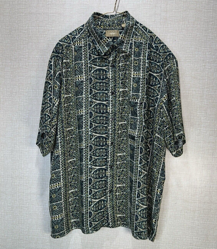 Natural Issue Hawaiian Tiki Aloha Shirt Mens Sz L Striped Aztec Geometric