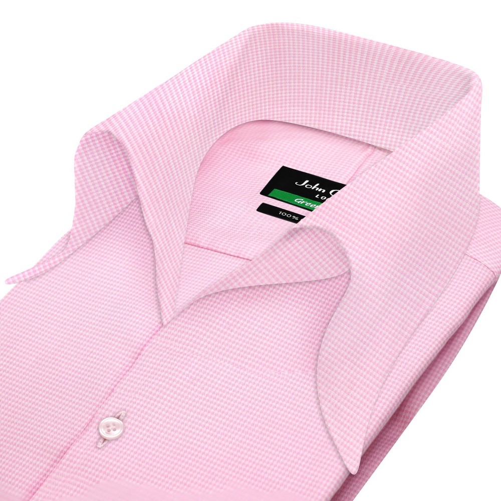Mens High Open Bow Collar Buttonless Pink Houndstooth Unique Modern Cotton Shirt