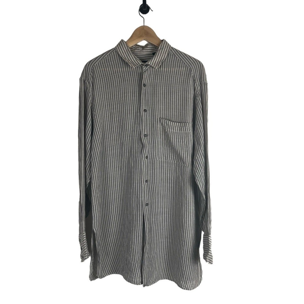 Donna Karan Black Label Men’s Medium Linen Luxe Button Up Gray Cream Striped
