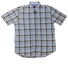 Giordano Mens XL Shirt Blue & Brown Plaid Short Sleeve Button Up Cotton