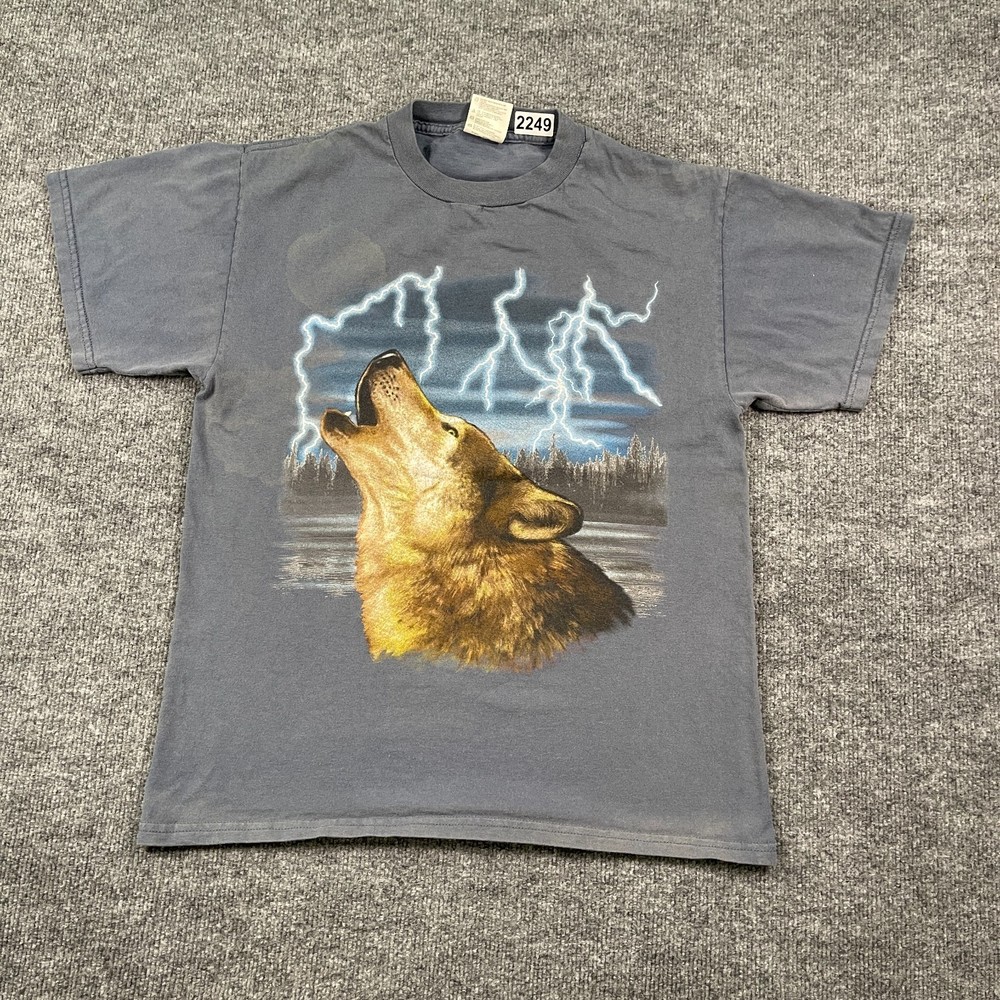 Vintage 90s Lighting Howling Wolf Shirt Medium 20×26 Faded Blue