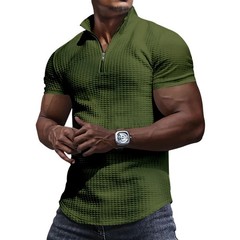Solid color zip-up small checkered summer breathable Polo shirt men’s T-shirt