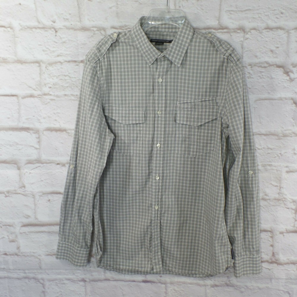 French Connection Plaid L/S button front Stretch Shirt Sz. L Roll Tab Sleeves
