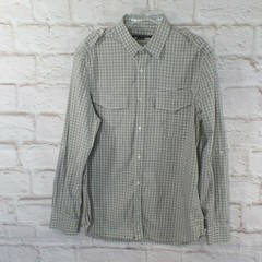 French Connection Plaid L/S button front Stretch Shirt Sz. L Roll Tab Sleeves