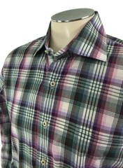 Peter Millar Button Front Shirt Medium Purple Green White Plaid Checks Mens