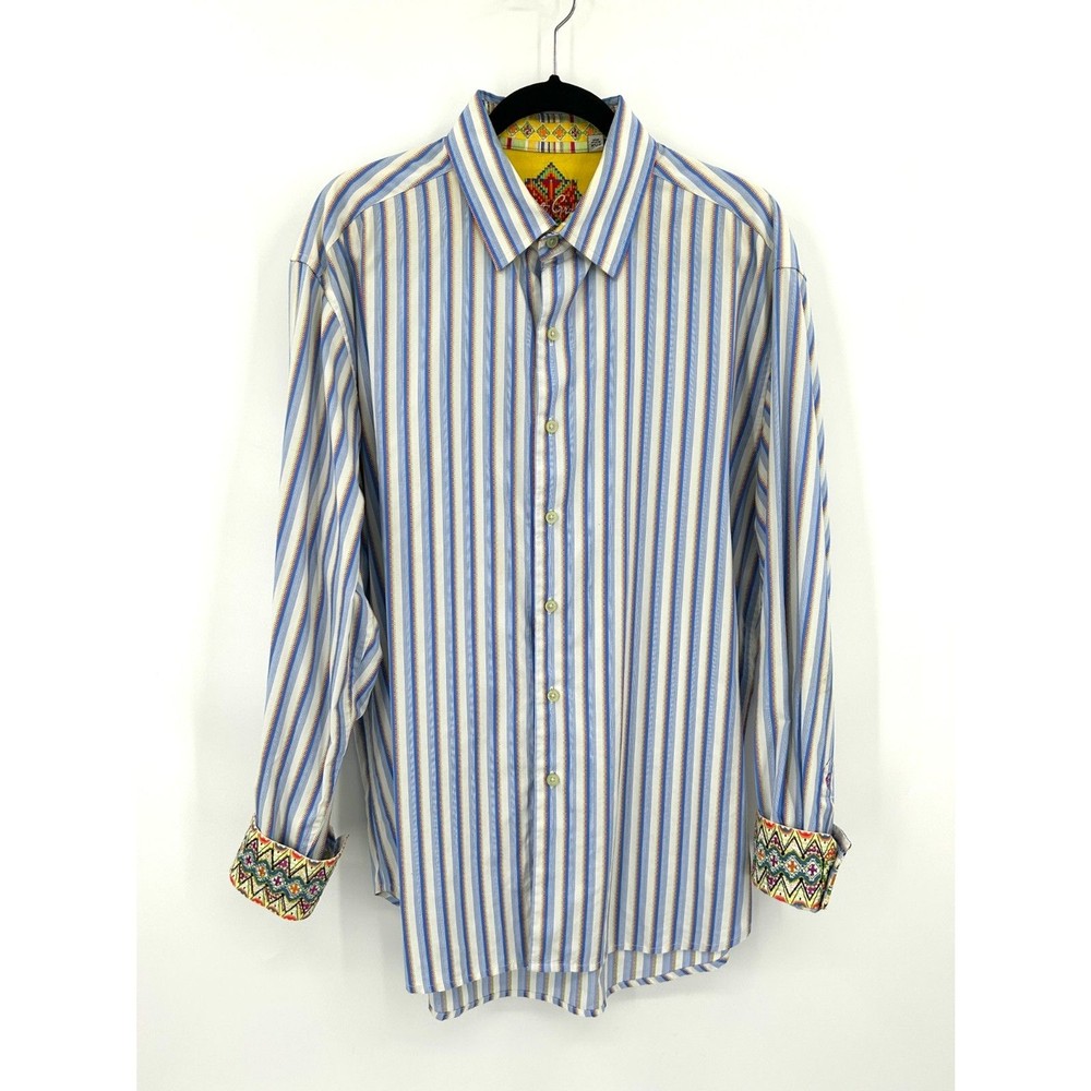ROBERT GRAHAM Blue White Orange Stripe Embroidered Cuff Button Up Dress Shirt XL