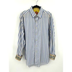 ROBERT GRAHAM Blue White Orange Stripe Embroidered Cuff Button Up Dress Shirt XL