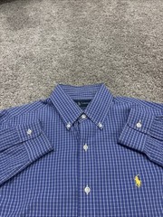 RALPH LAUREN POLO MENS MEDIUM BLUE WHITE GINGHAM CHECK LS CUSTOM FIT SHIRT