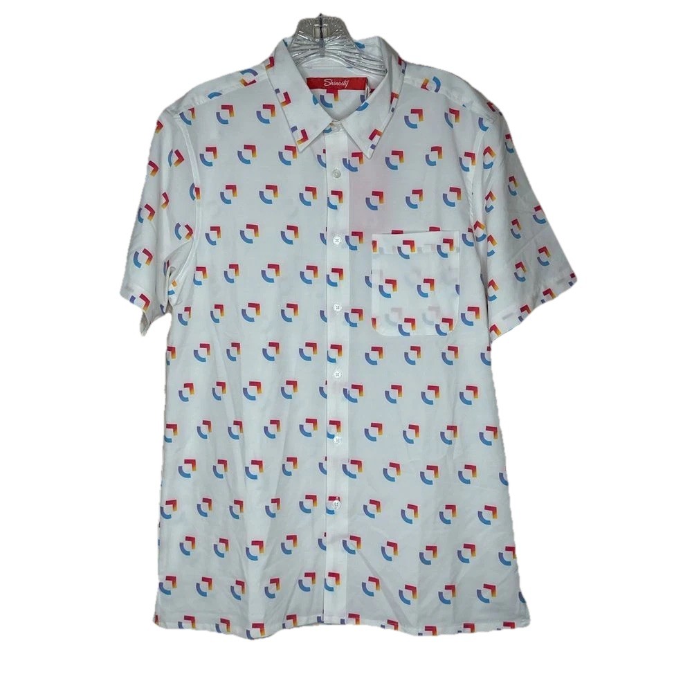 Shinesty ClickUp Logo Print Button Down Shirt White Red Blue NWT Men’s Size M