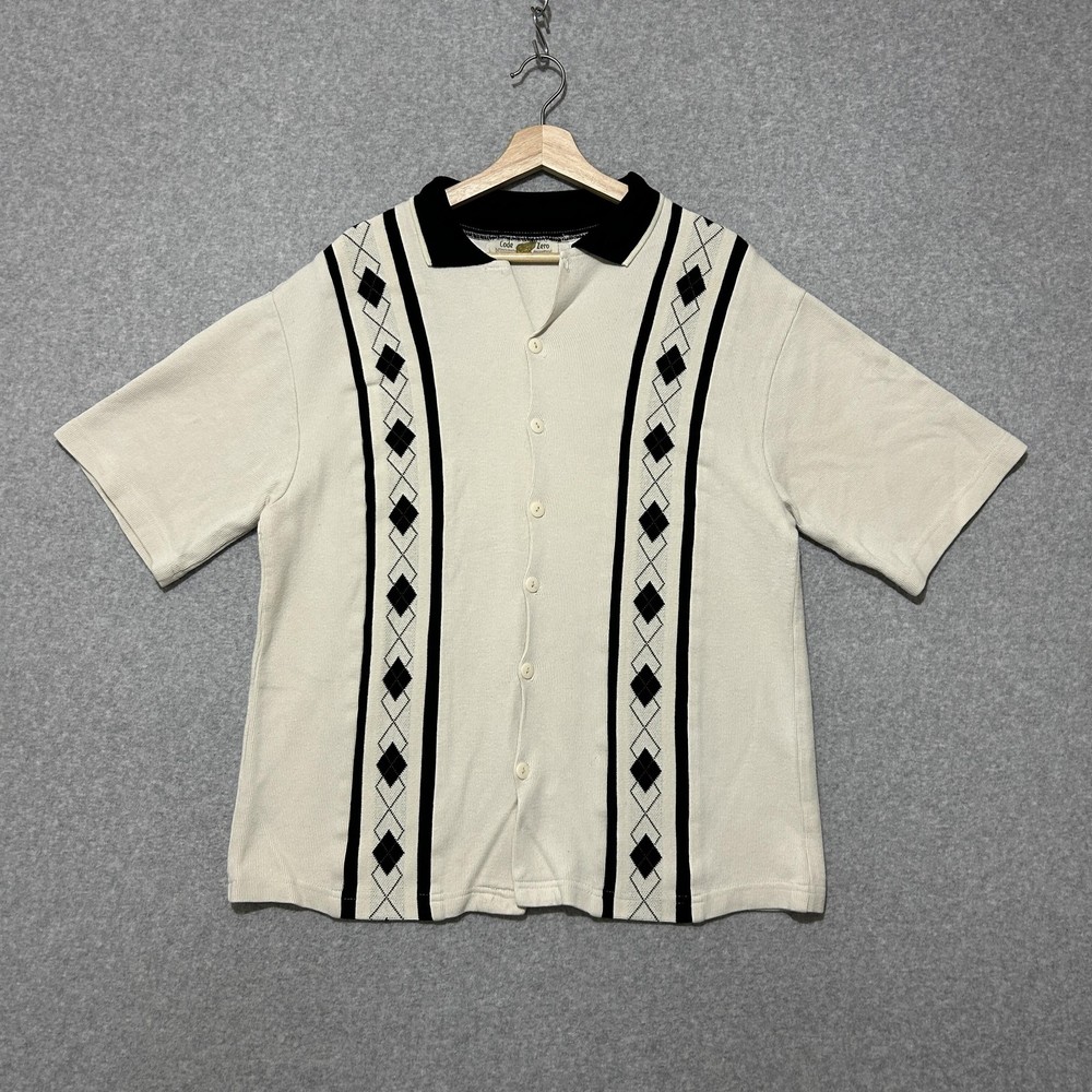 Vintage Code Zero Shirt Mens Large Beige Argyle Knit Short Sleeve Button Up
