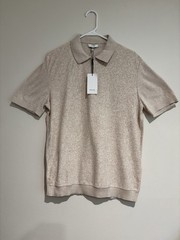 Reiss Polo Shirt Men LARGE Beige French Terry Zip Neck Short Sleeve Cotton Lux