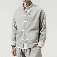 Chinese Tang Suit Men Kungfu Shirt Wing Chun Loose Jacket Pocket Frog Button New