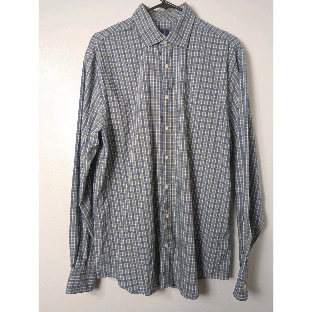 Johnnie O Prep Formance Button Down Shirt Mens Large Blue Green Plaid Stretch