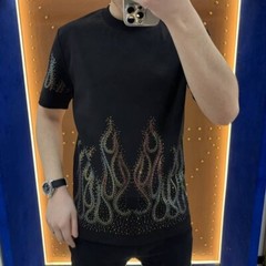 New Fashion Men Trend Flares Drills Rhinestone Diamond Streetwear Luxury T-Shirt