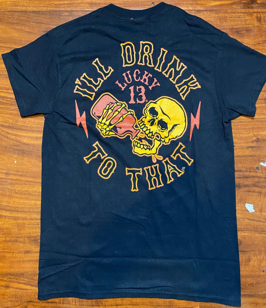NWT-LUCKY 13 Apparel SKELETON CHUGGING “I’ll Drink to that” Double sided Tee