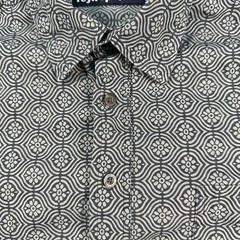 Reyn Spooner Shirt Mens Large Blue Geometric Hawaiian Tropical Aloha Tiki Beach