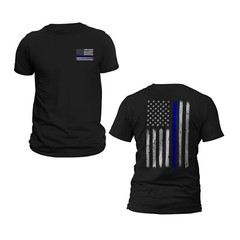 Police Thin Blue Line Flag Front & Back Print Vertical Brushed Design T-Shirt