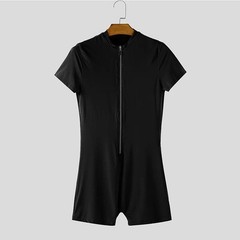 ‌High-Stretch Knit Deep V Zip Short Sleeve Top