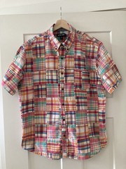 Lands’ End Patchwork Madras Shirt Men’s Large Plaid Button Up Preppy Coastal