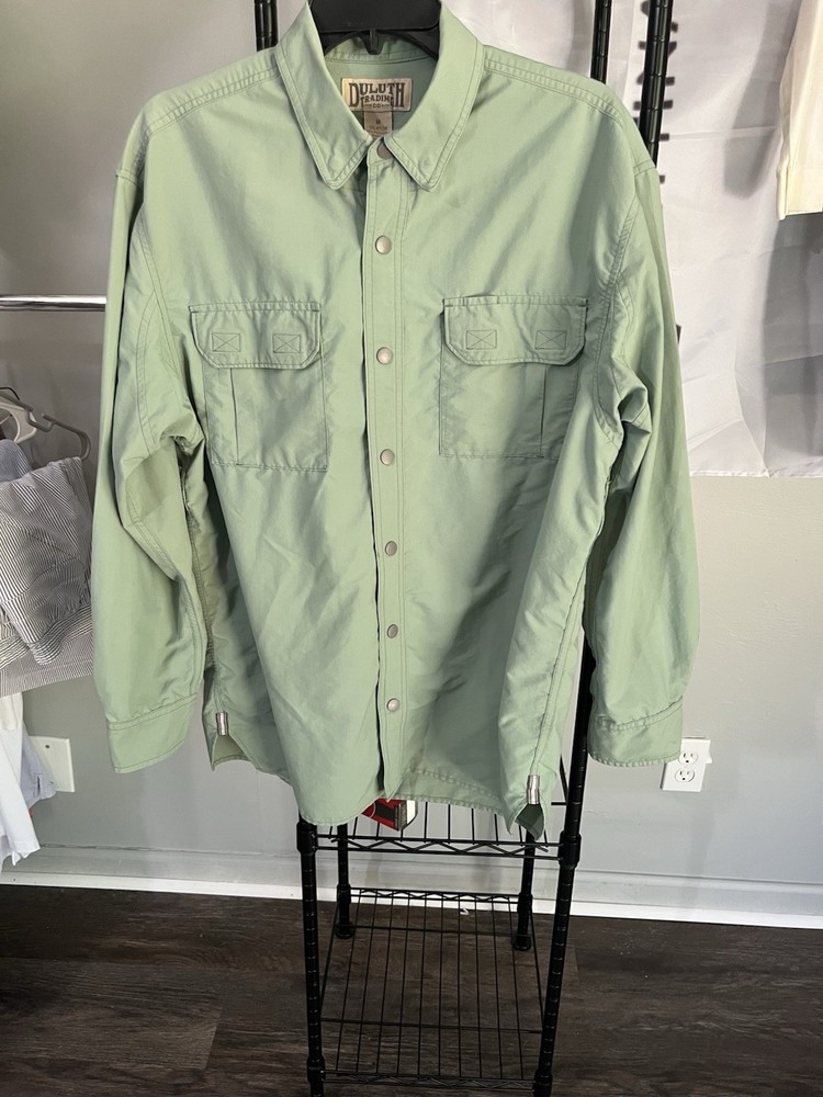 Duluth Trading Co Men’s Green Solid Button-Up Snap Pockets Woven M LS