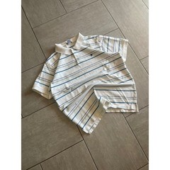Old Navy Mens White Blue Green Striped Fleur De Lis Polo Shirt Size 22.5×26